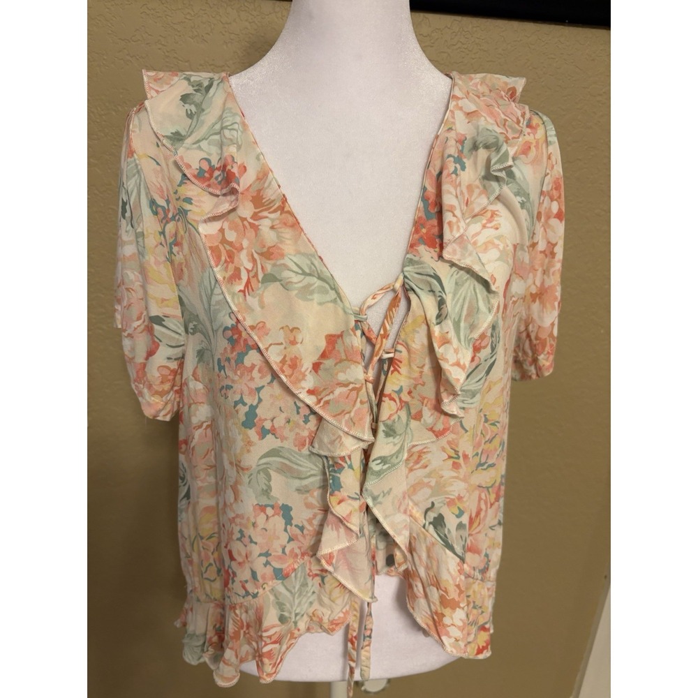 O'Neill Women's Floral Print Ruffled Tie Front Blouse, Medium